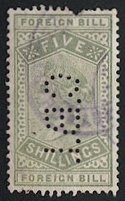 GB QV  5sh Foreign Bill Revenue stamp, Used - C.B.I. Perfin