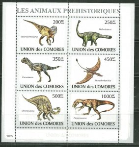 Comoro Islands MNH S/S Dinosaurs 2009 6 Stamps