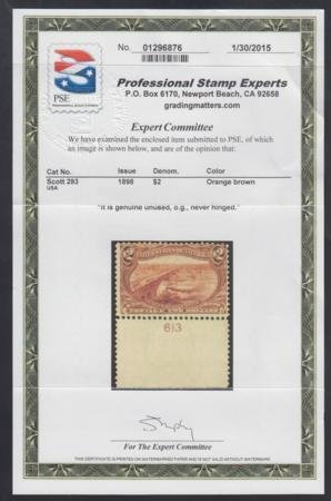 US 293 Early Commemoratives Fine Mint NH Pristine Plate # Single - PSE Cert, ...