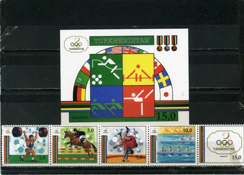 TURKMENISTAN 1992 SUMMER OLYMPIC GAMES BARCELONA STRIP OF 5 STAMPS & S/S MNH