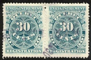 CANADA QUEBEC REVENUE 1912 VINTAGE 30c #QR20 VERY SCARCE PAIR OF STAMPS SEE SCAN