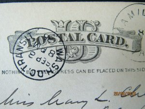 UX7 Postal Card, Hamilton VA cancel, 1885, Wash DC Transit Aux Cancel, to Ohio