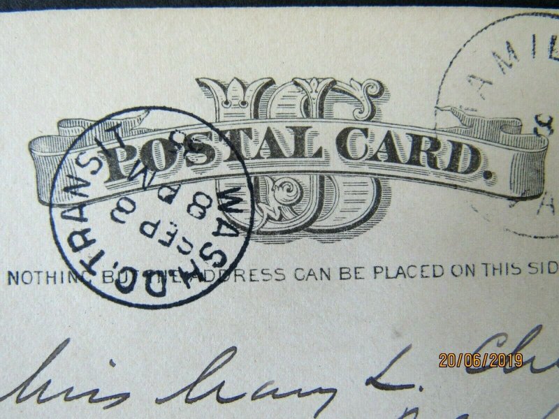 UX7 Postal Card, Hamilton VA cancel, 1885, Wash DC Transit Aux Cancel, to Ohio