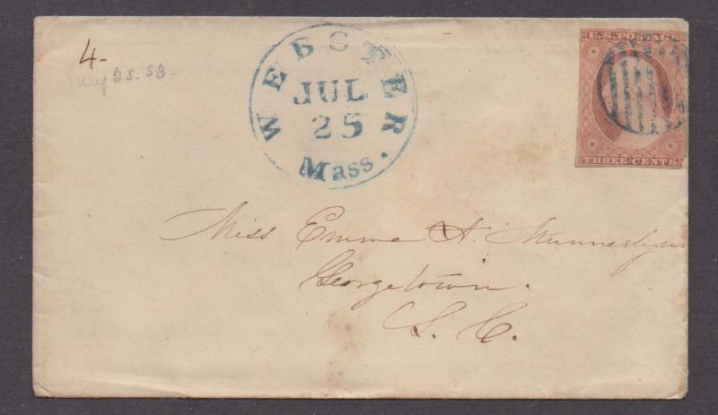 **US 19th Century Cover, SC# 11, Webster, MA, 7/25 Blue CDS, No Contents