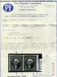 Scott 17 Washington Unused Imperf Stamp with PF Cert (Stock 17-11m)