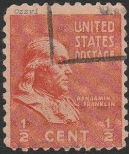 USA #803 1938 1/2c Orange Benjamin Franklin USED-Fine-NH.