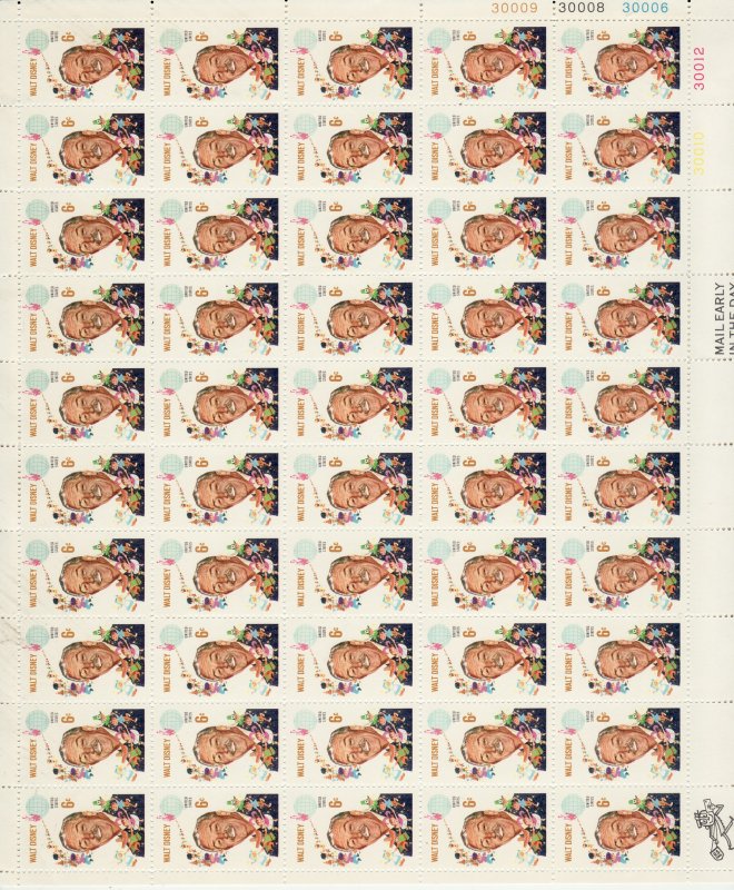 1968 U.S 6¢ Walt Disney complete sheet MNH Sc# 1355