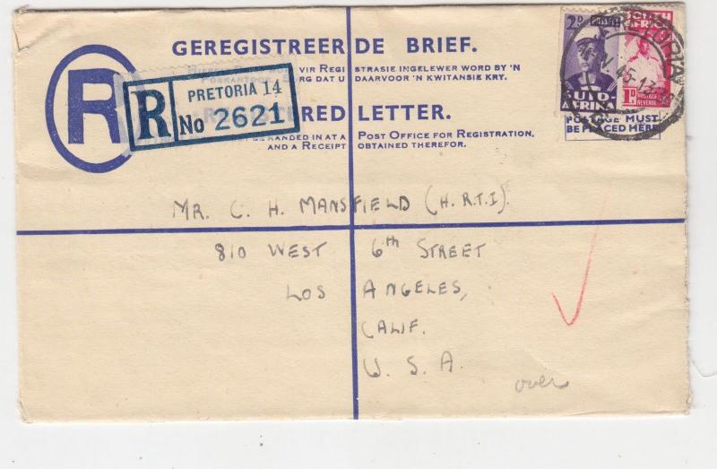 SOUTH AFRICA, 1945 Registered Letter Envelope 4d., uprated 1d. & 2d. to USA.