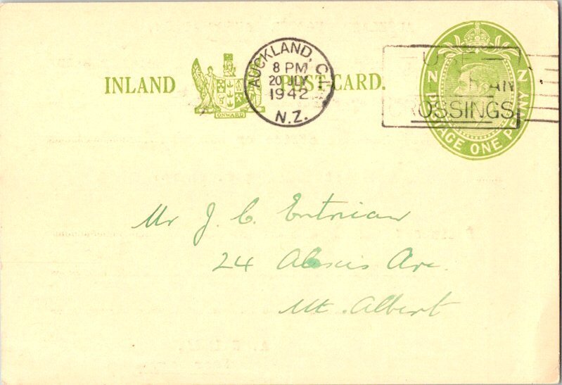 New Zealand 1d KGVI Postal Card 1942 Auckland, C.I. N.Z. to Mount Albert.