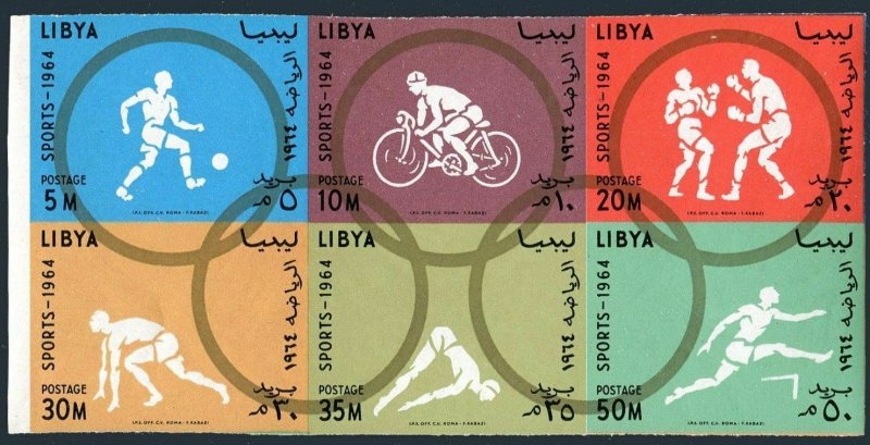 Libya 258-263a,263b perf.imperf,MNH. Olympics Tokyo-64.Soccer,Bicycling,Boxing,