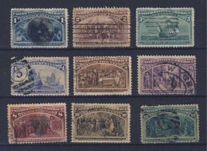 9x USA Columbus Stamps;   #230-1c to #238-15c F/VF Used Guide Value = $142.00