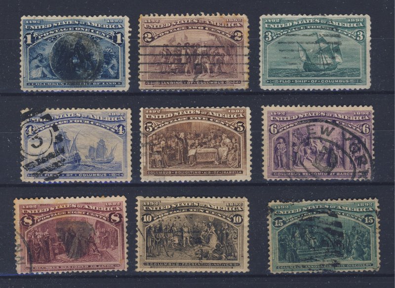 9x USA Columbus Stamps;   #230-1c to #238-15c F/VF Used Guide Value = $142.00