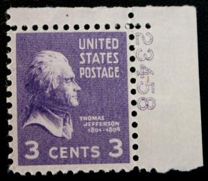 US Stamp Error/EFO Sc# 807 MLH HOLLOW PLATE NUMBER Single Thomas Jefferson 1938