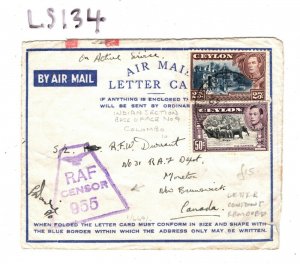 CEYLON WW2 Cover RAF CENSOR Indian Section No9 Canada New Brunswick 1942 LS134