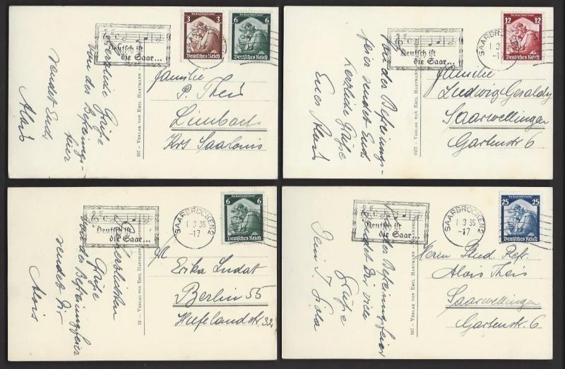 GERMANY 1935 RETURN OF THE SAAR Set on 4 Real Photo PCs w Music Notes Postmarks