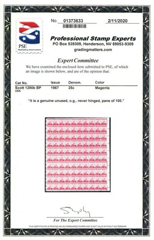 1290b, RARE Magenta Shade Sheet of 100 Stamps Mint NH With PSE Cert Stuart Katz