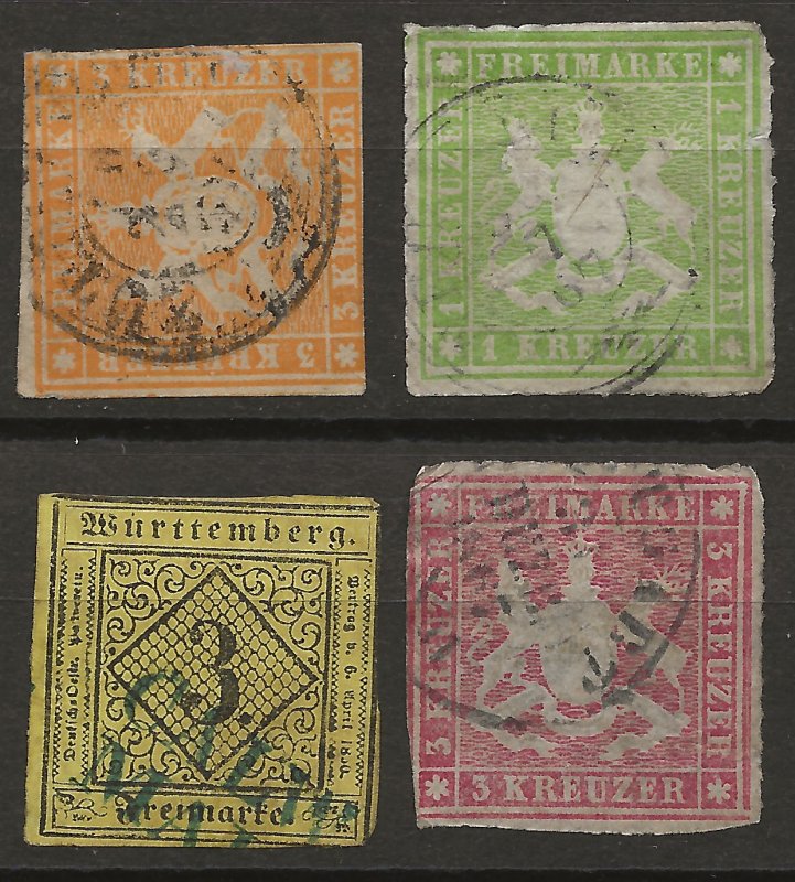 Wurttemberg 4 Different Used F/VF 1851-65 SCV $36.50 (jr)