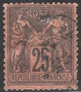 FRANCE 1878 Sc 93 Type II, 25c black on red Sage, Used VF, cv $25