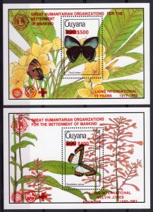 Guyana 1992 BUTTERFLIES/LIONS INT.75 YEARS 2 S/S RED ovpt.Perforated MNH