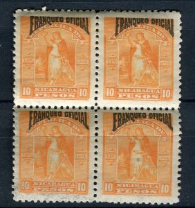 NICARAGUA; 1890s early classic OFFICIAL Optd. issue Mint 10P. Block of 4