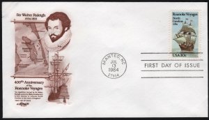 SC#2093 20¢ Roanoke Voyages FDC: Artmaster (1984) Unaddressed