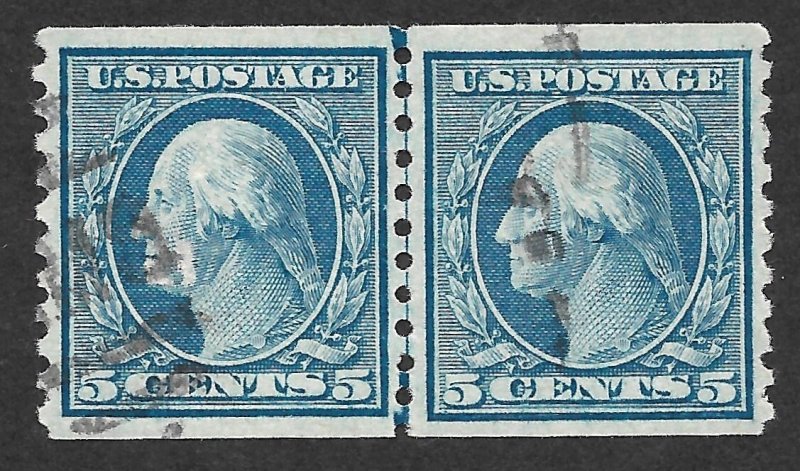Doyle's_Stamps: Used 1919 5c Washington Coil Line Pair, Scott #496