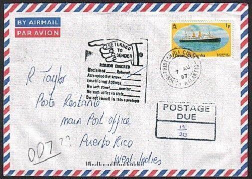 TRISTAN DA CUNHA 1997 Returned postage due cover to Puerto Rico............78824