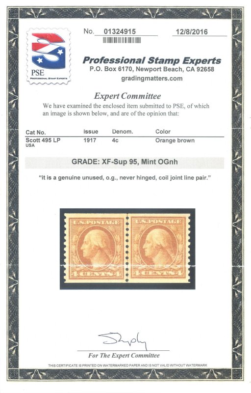 US Scott #495LP Mint, XF/S, NH, PFC, PSE (Graded 95)