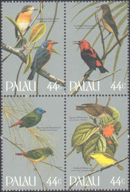 Palau #102a, Complete Set, Block of 4, 1986, Birds, Never Hinged