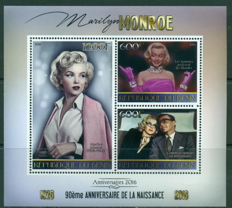 Marylin Monroe Hollywood Legends Cinema Music Benin MNH stamp set 3val and s/s 