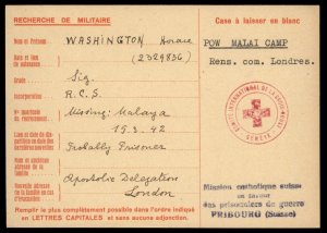 UK 1944 Singapore Malaya Japanese POW Camp Red Cross Cover Catholic Switz G89611