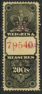 CANADA REVENUES 1878 QV 20c CROWN Weights and Measures VDM FWM18 VFU