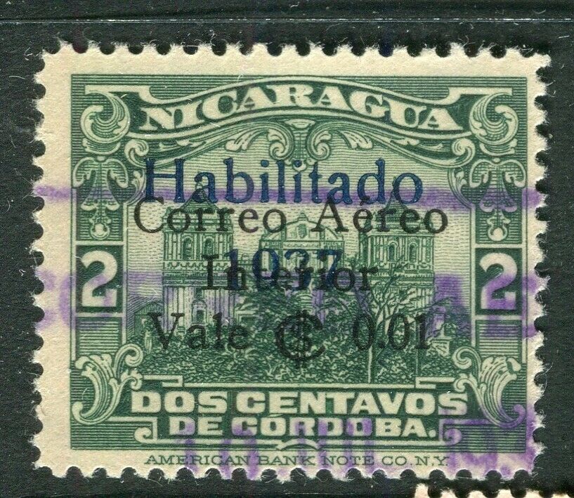NICARAGUA; 1937 early Correo Aereo. issue fine used value, 2c Central
