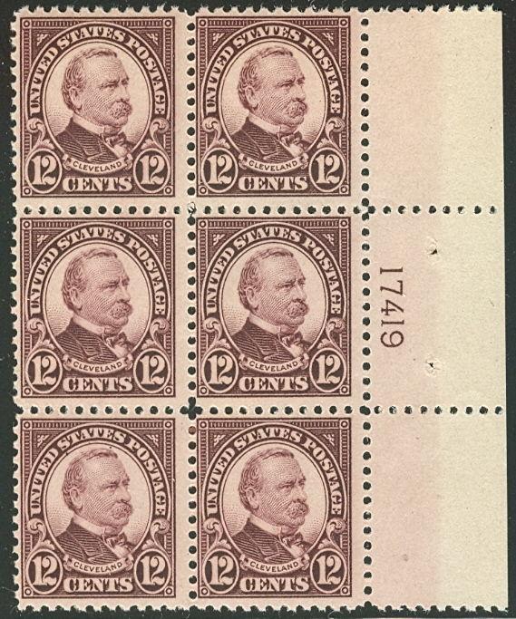 US #564 12¢ brown violet, Plate No. Block of 6, og, NH, Scott $160.00