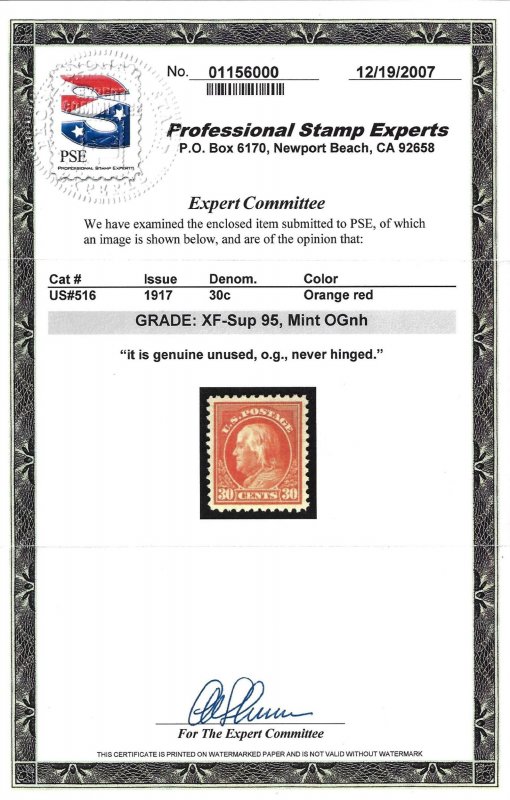 Scott #516 - $475.00 – XF/Sup-OG-NH – PSE cert graded XF-Sup-95 - A Beauty!!