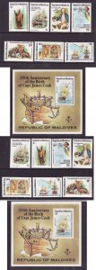 Maldives-Sc#750-7- id9-unused NH set, sheets-Capt. Cook-Ships-Maps-1980-perf & i