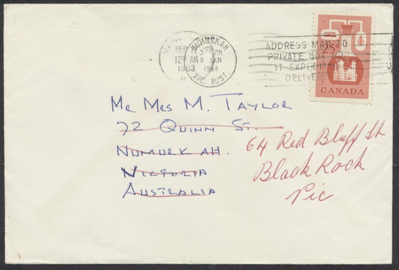 1963 #362 25c Chemical On Vancouver BC to Australia Cover, Redirected