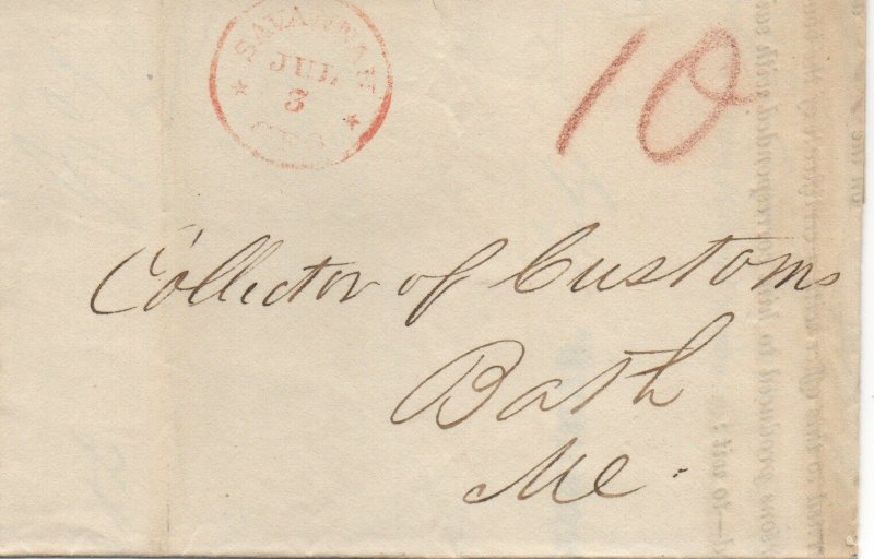 Georgia Stampless Cover, Savannah July 3, 1845 Customs Notice Bordeaux