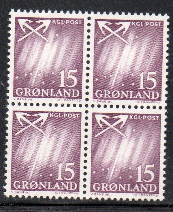 Greenland Sc 52 1963 15 ore Northern Lights stamp block of 4 mint NH