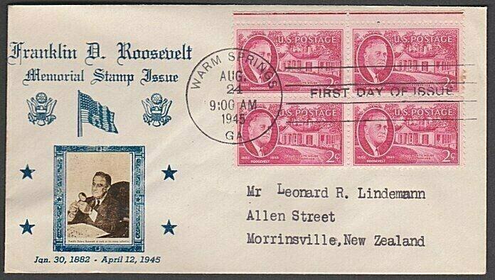 USA 1945 CROSBY photo FDC to New Zealand - 2c Roosevelt block..............55595