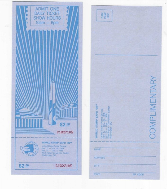 2 WORLD STAMP EXPO '89' UNUSED TICKETS