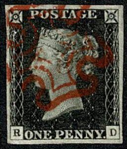 GB 1d Black RD Plate 2. Four large margins cancelled by bright red Maltese ...