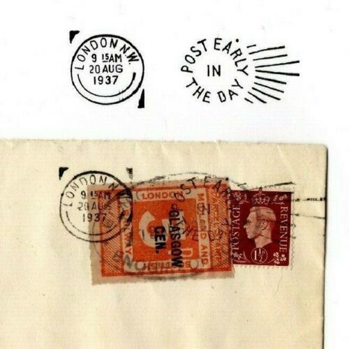 GB KGVI Cover Railway Letter GLASGOW CENTRAL Station Parcel Stamp 1937