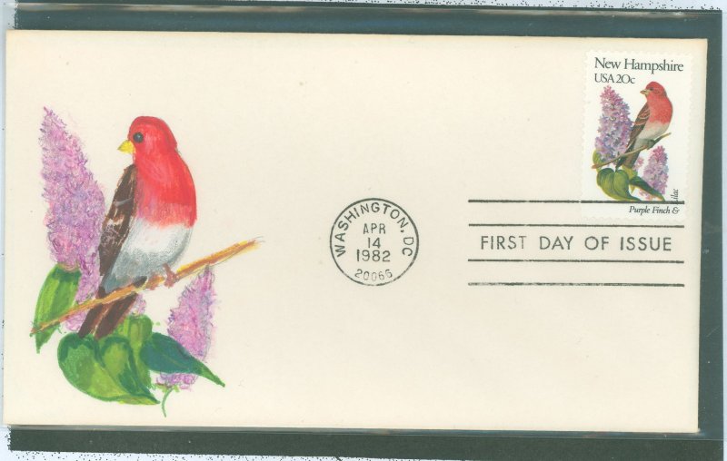 US 1981 1982 new hampshire: bird & flowers, finch & lilacs single on an unaddressed fdc with a hand-painted cachet