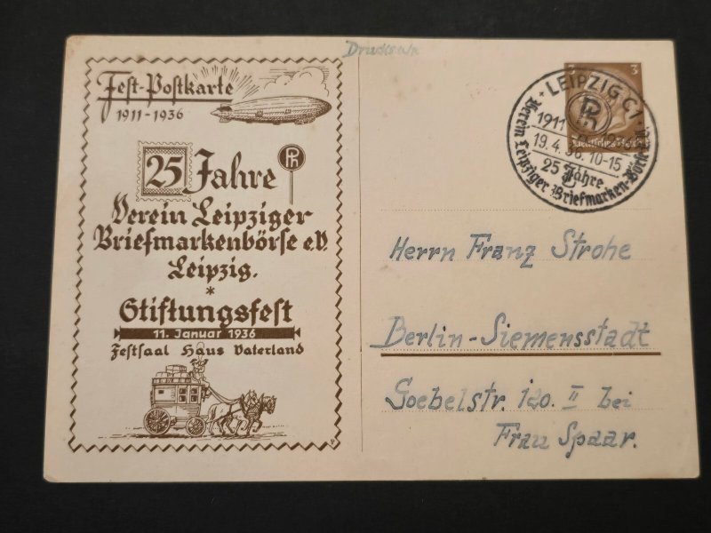 WW2 WWII 1936 German Zeppelin Postcard Leipzig Philatelic Exhibition 25 Years