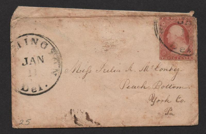 $US Sc#25a type II scarce stamp on cover, Wilmington Del. sm. faults, Cv. $950