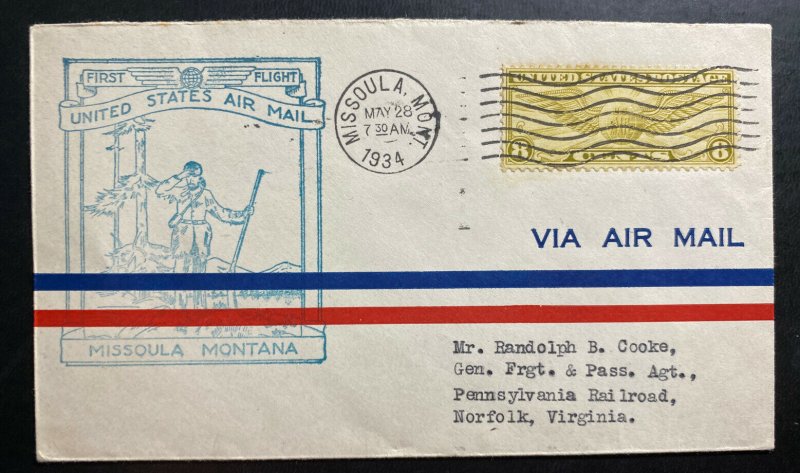 1934 Missoula MT USA First Flight Airmail Cover FFC To Norfolk VA 