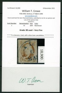 USAstamps Used VF US 1847 Franklin 1st Stamp Sct 1 Beauty With Blue Cancel +Cert 