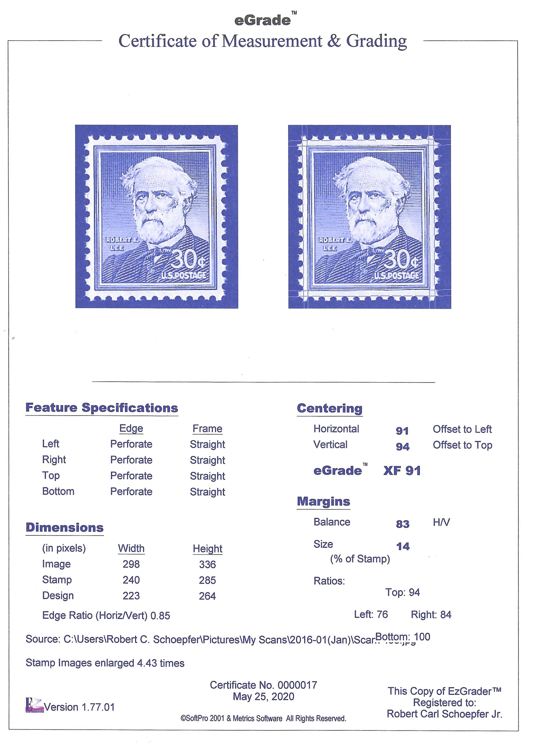 1049 30 cents 1957 Robert E. Lee Stamp Mint OG NH EGRADED XF 91