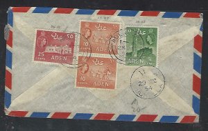 ADEN COVER (PP1311B)  1954 QEII 5C+10CX2+25C FROM MUKALLA 